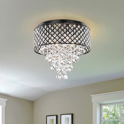Antique Black 4-Light Round Drum Flush Mount with Cascading Crystal