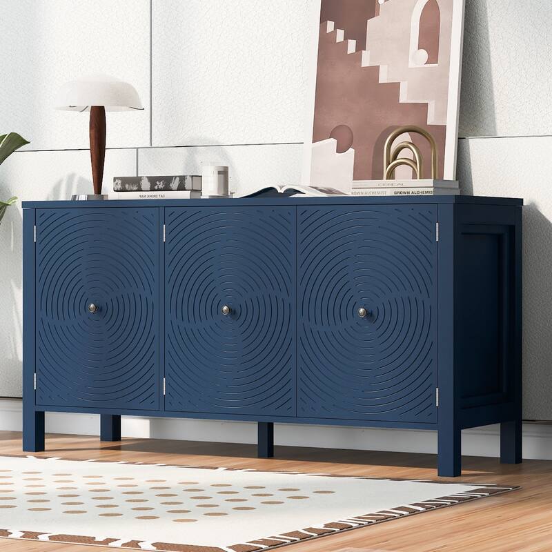 Modern American Design 3-Door Sideboard with Artistic Curved Swirl Doors, Adjustable Shelves, Perfect for Home Storage