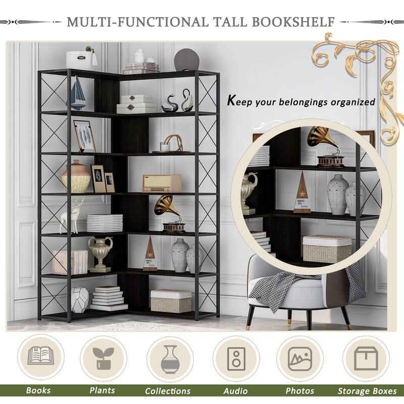 7-Tier Bookcase Home Office Bookshelf, L-Shaped Corner Bookcase with Metal Frame