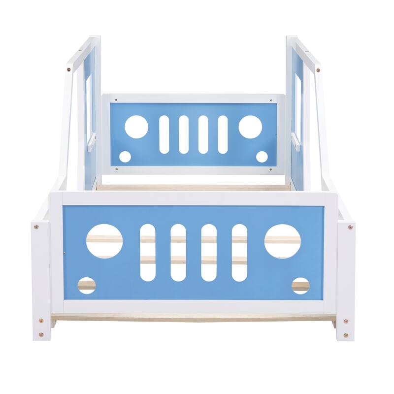 Twin Bed Frame Jeep Shaped Platform Bed Creativity Kids Bed Support Floor Bed Car Bed with 2 Doors and Windows Slat - Blue