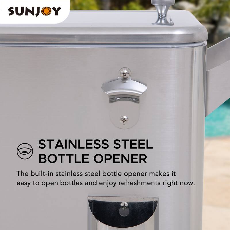 80 QT Patio Cooler Cart ,Stainless Steel Rolling Ice Chest with Steel Bottle Opener, Shelf and Lockable Wheels Sunjoy