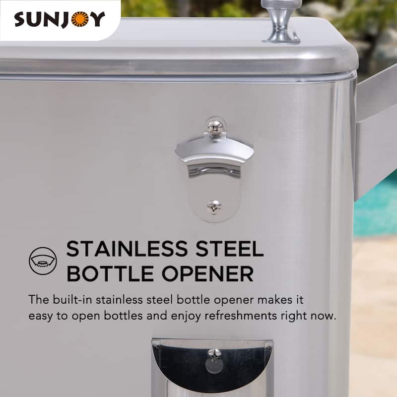 80 QT Patio Cooler Cart ,Stainless Steel Rolling Ice Chest with Steel Bottle Opener, Shelf and Lockable Wheels Sunjoy