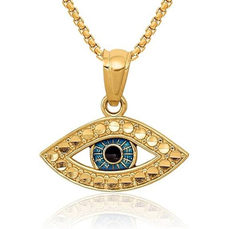 Curata 14k Yellow Gold 18" Diamond-cut Enamel Small Evil Eye Necklace - 14x15mm