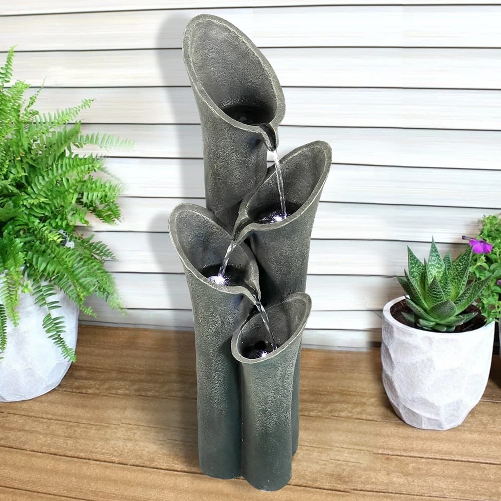 33 1/2-inch High Curved Cascading Outdoor Water Fountain w/LED Lights