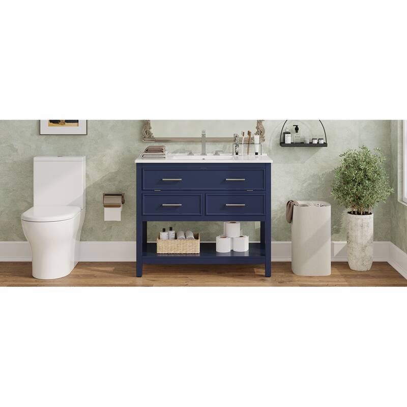 Roomfitters 36" Bathroom Vanity with Ceramic Sink, Tip-Out Tray, 2 Full-Extension Soft-Close storage units and Open Shelf