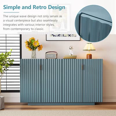 Antique Blue Buffet Cabinet Storage Cabinet Sideboard w/ Adjustable Shelves, Wavy Doors Entryway Floor Cabinet Console Table