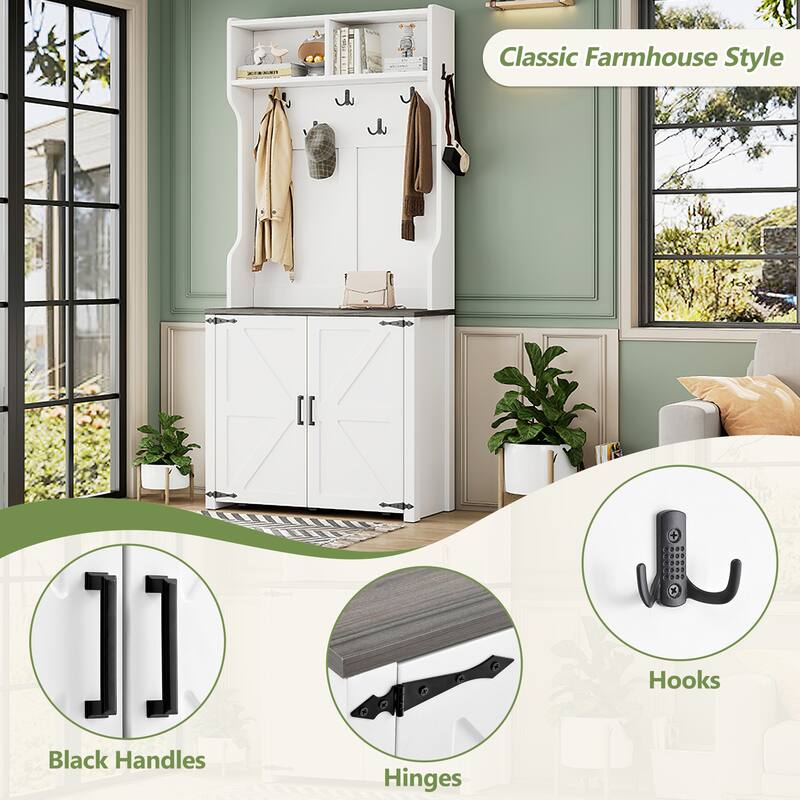 Farmhouse 4-in-1 Hall Tree with Barn Doors, Movable Bench with 7 Hanging Hooks and Shoe Storage Cabinet