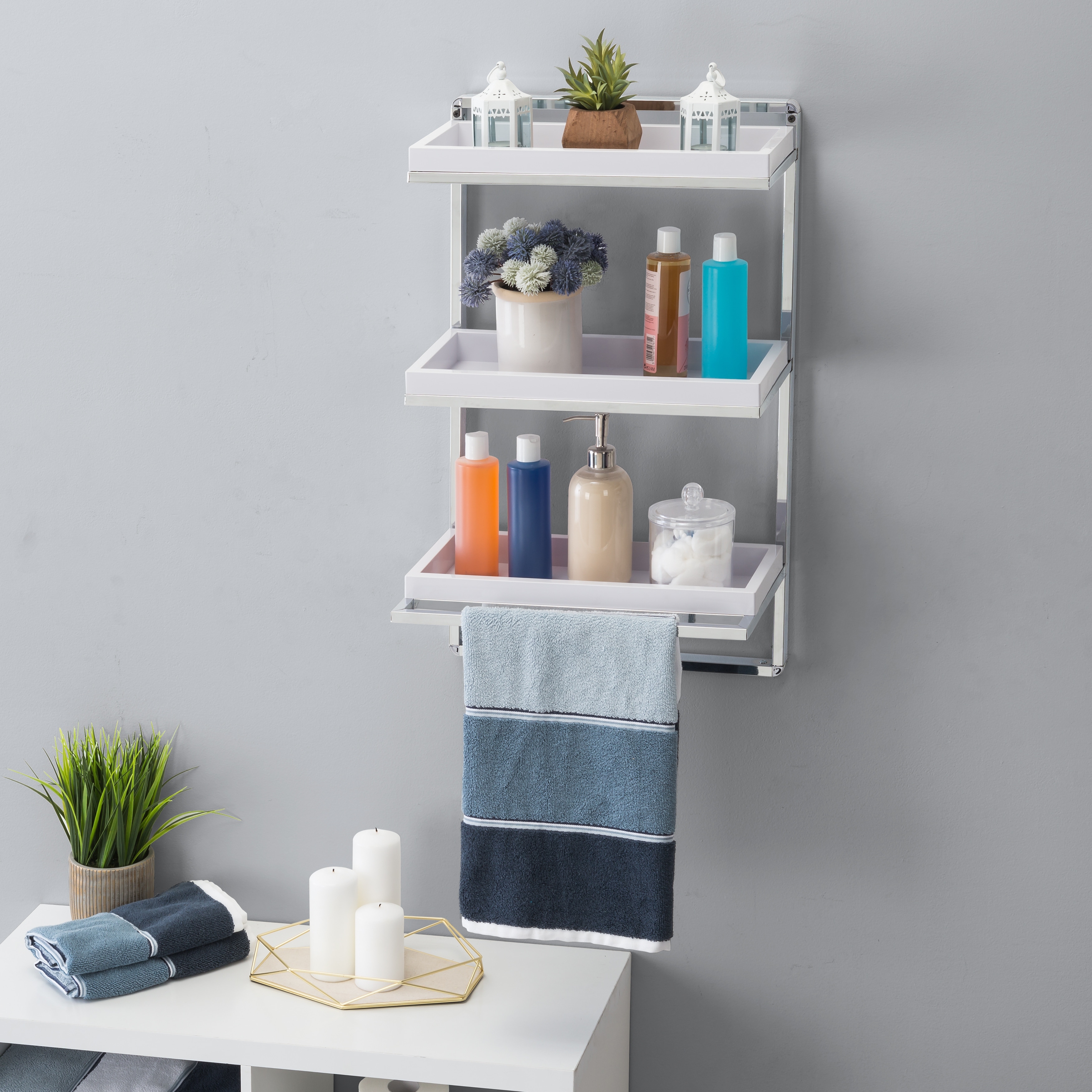 Utex 3 Tier Bathroom Shelf Wall Mounted with Towel Hooks, Bathroom Organizer