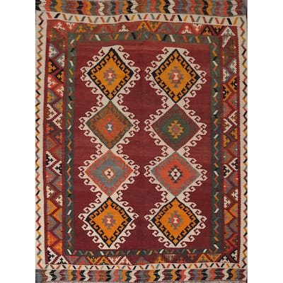 Vegetable Dye Red Tribal Kilim Qashqai Persian Vintage Wool Carpet - 5'4"x 6'3"