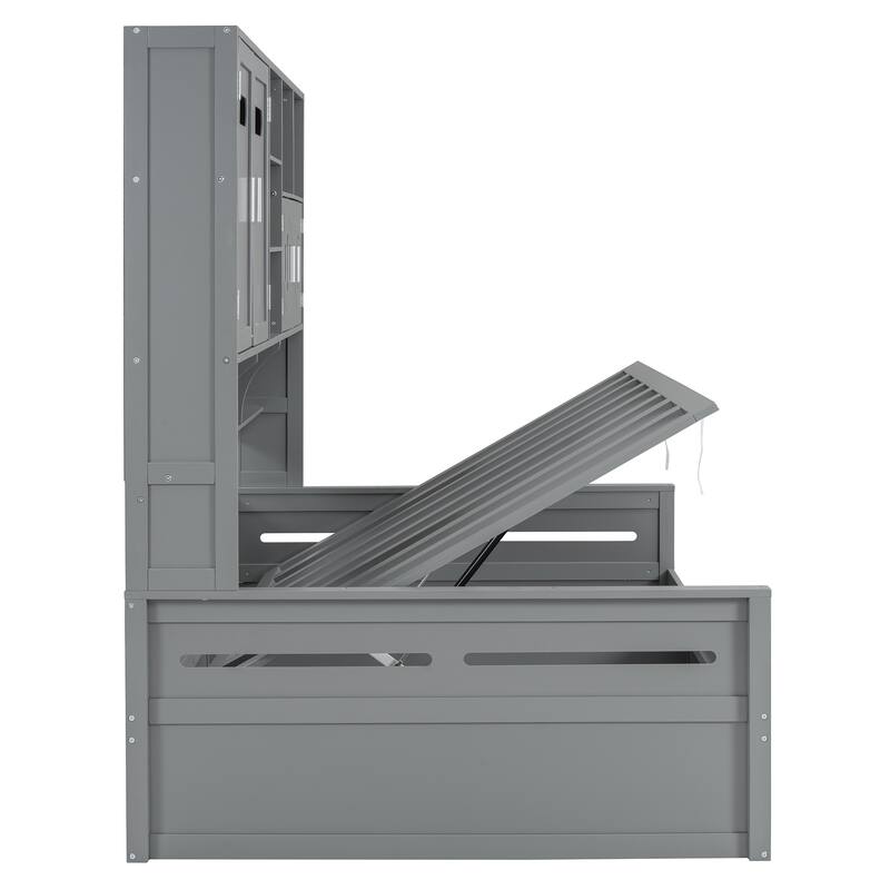 Full Size Bed Frame with All-in-One Bookcase, Full DayBed with Hydraulic Bed, Wood Platform Bed No Box Spring Needed