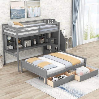 Twin XL over Full Bunk Bed with Built-in Storage Shelves, Drawers and ...