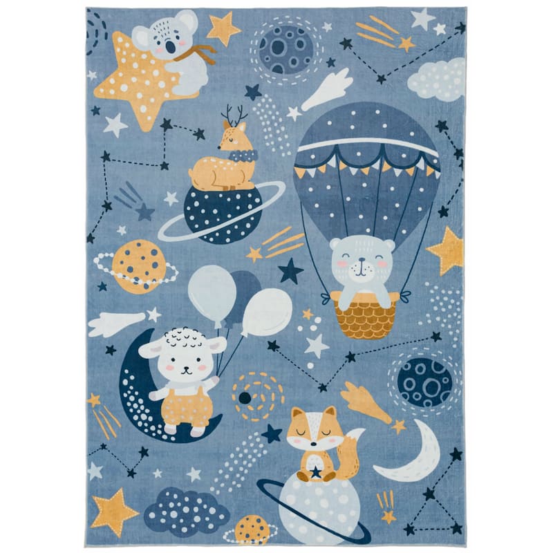 Kids Collection Stars, Planets, & Cheerful Animals Navy Rug