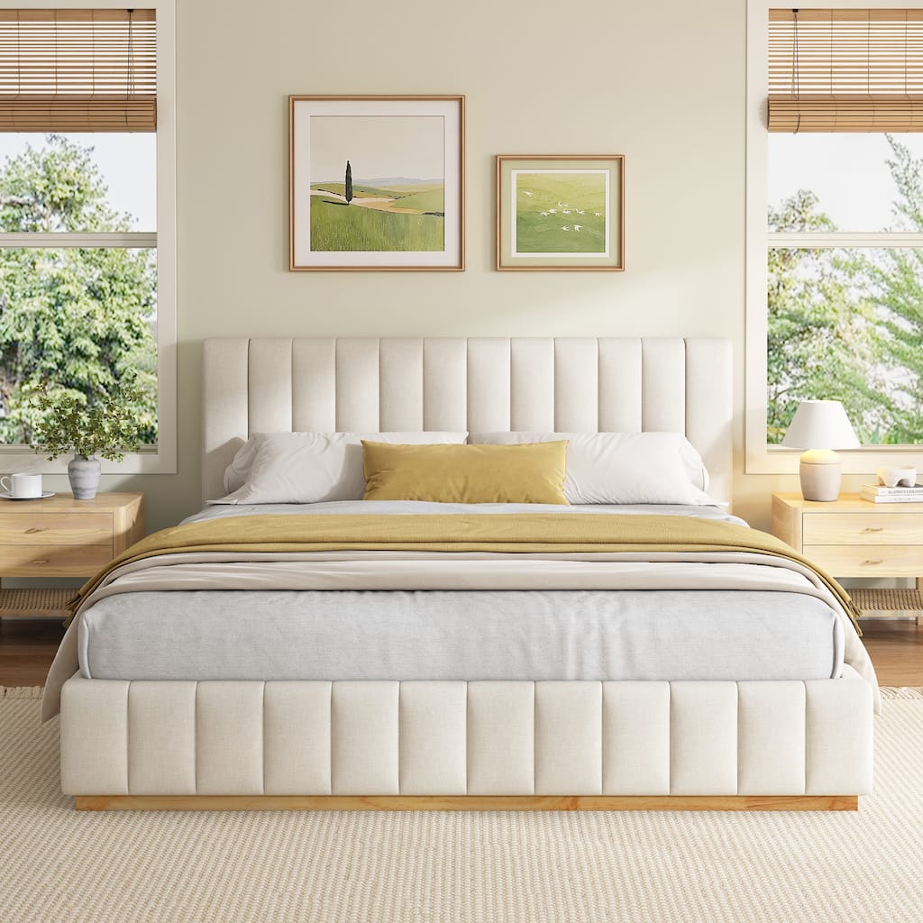 Christopher Knight Home - Modern Minimalist Upholstered Wood Bed with Striped Headboard