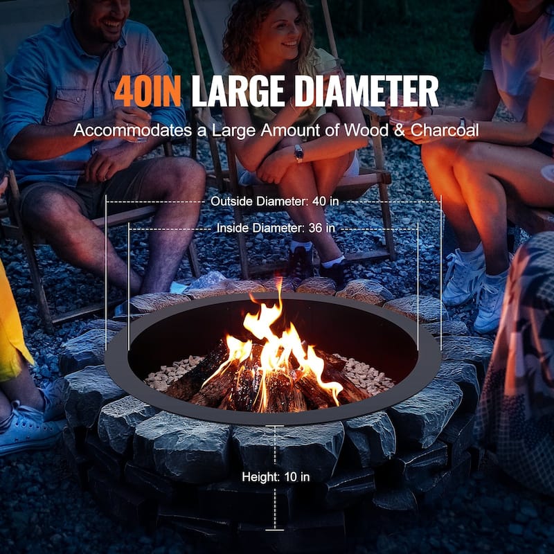 Black Carbon Steel Round Ring Fire Pit Perfect for Outdoor Special Events or Holiday Gatherings
