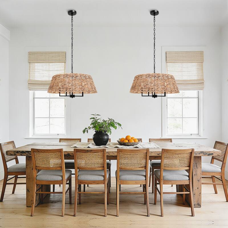 Farmhouse 5-Light Rattan Drum Chandelier Coastal Pendant for Kitchen Island Dining Room - 26" W x 13" H