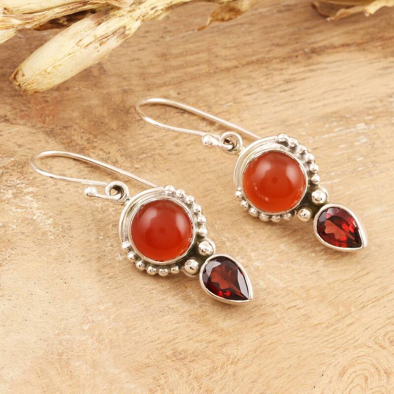 NOVICA Indian Fire, Carnelian and garnet dangle earrings - 1.5*0.4
