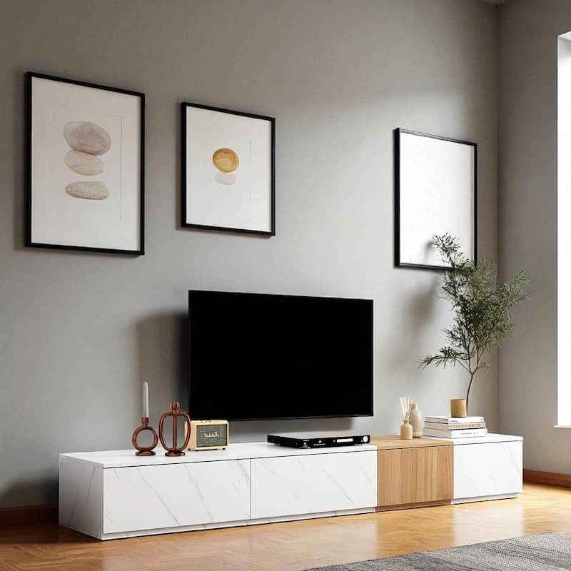 78.7 Inch Modern TV Stand with Faux Marble & Walnut Finish, Entertainment Center with 4 Storage Drawers for TVs Up to 88 Inch - White