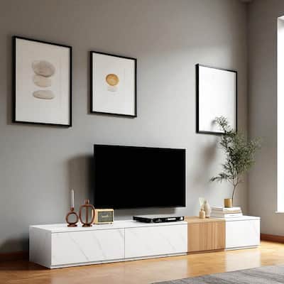 78.7 Inch Modern TV Stand with Faux Marble & Walnut Finish, Entertainment Center with 4 Storage Drawers for TVs Up to 88 Inch