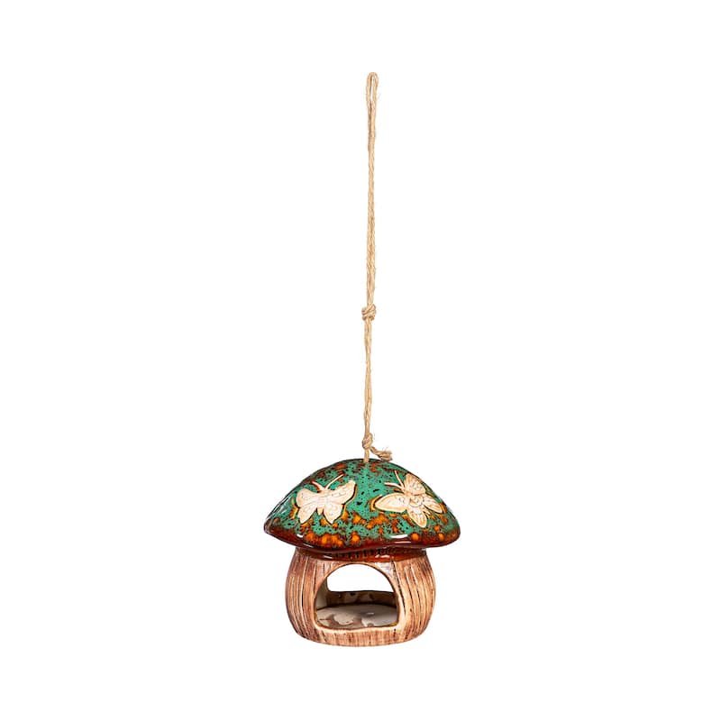 Ceramic Fantasy Green Mushroom Bird Feeder