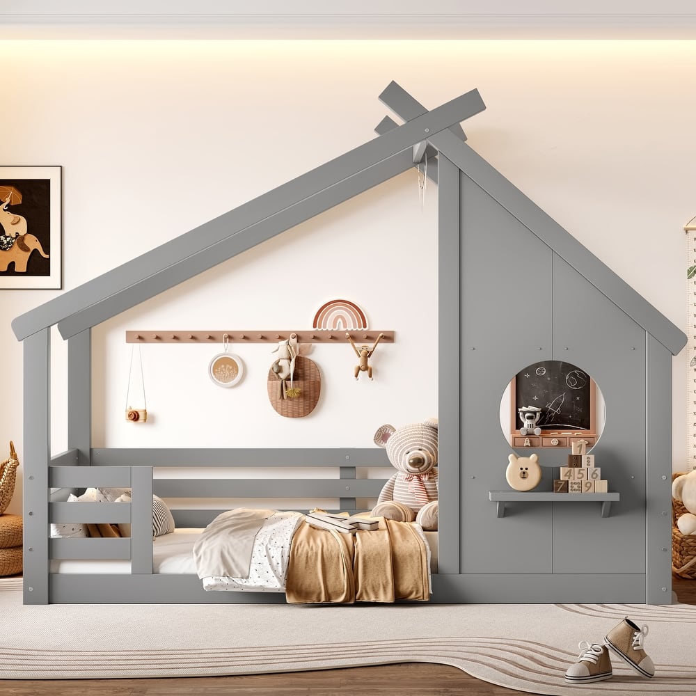 Montessori Kids House-shaped Floor Bed with Window and Shelf