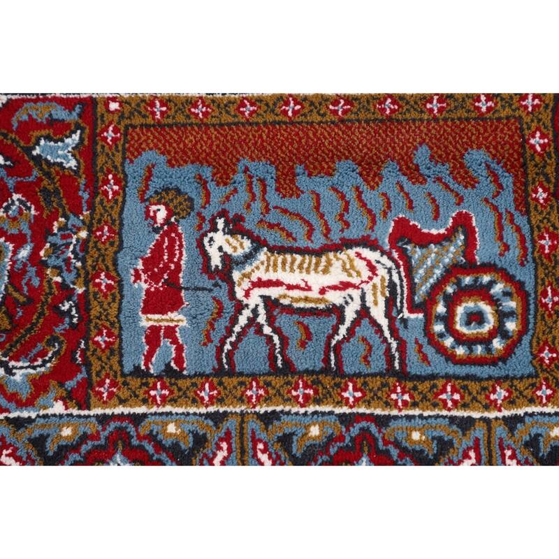 Pictorial Red Floral Kashan Turkish Area Rug Machine-Made Carpet - 9'8" x 12'11"