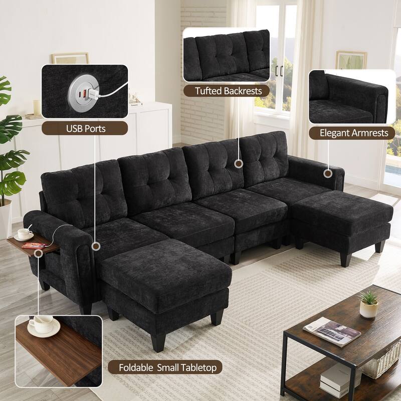 Roomfitters 115 Inch U-Shaped Sectional Sofa with 2 Ottomans and Foldable Side Tables, Chenille - Black