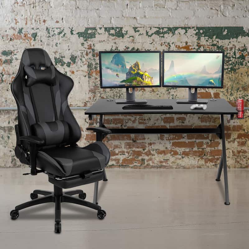 Gaming Desk Set - Cup/Headset Holder/Reclining & Footrest - Gray