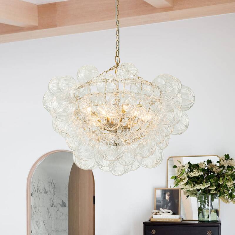 Brass Luxury Faceted Glass Globe Cluster Bubble Chandelier - Brass/8-Light