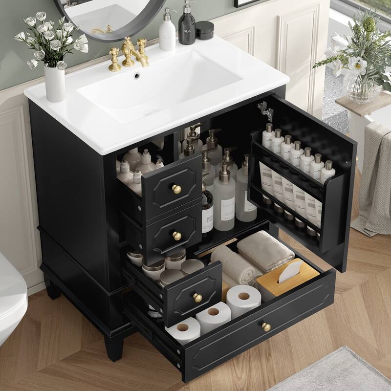 30 " Bathroom Vanity with Sink, Drawers, and Storage Shelves