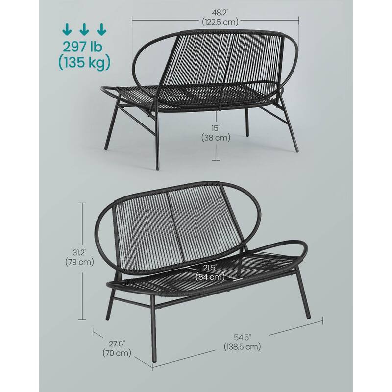 Ink Black Poly Rattan Steel Patio Bench with Adjustable Feet and Anti-Slip Pads - 27.6"D x 54.5"W x 31.2"H
