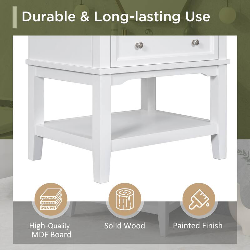 24" Bathroom Vanity with Sink, Freestanding Cabinet with Open Shelf and Drawer, Solid Wood Frame, White Finish