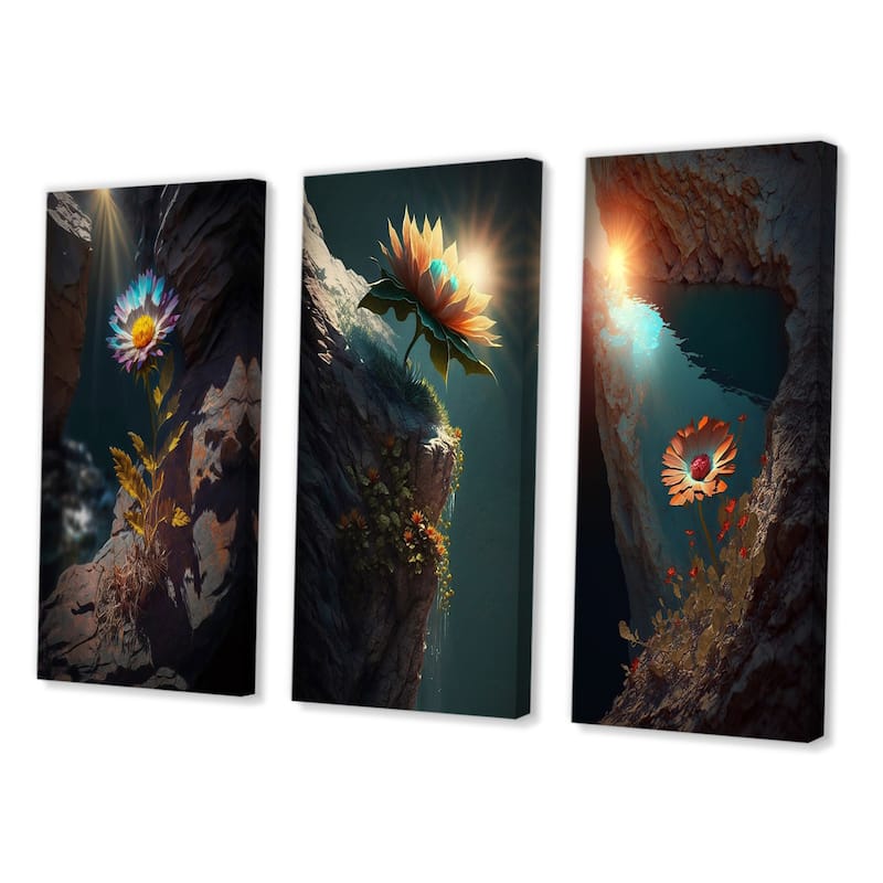 Designart "Fierce Blue Mountain Flower Captures Sunshine" Flowers Blue - Gallery Set Of 3 For Office Decor