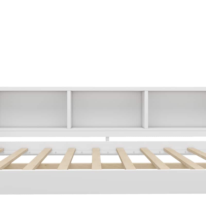 Full Size Wood Daybed with Trundle, Storage Drawers, Side Shelves, and Desk, White