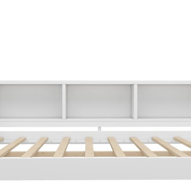 Wooden Daybed Frame with Pull Out Trundle and 3 Drawers, Platform Sofa Bed with Built In Desk and Shelves, No Box Spring Needed