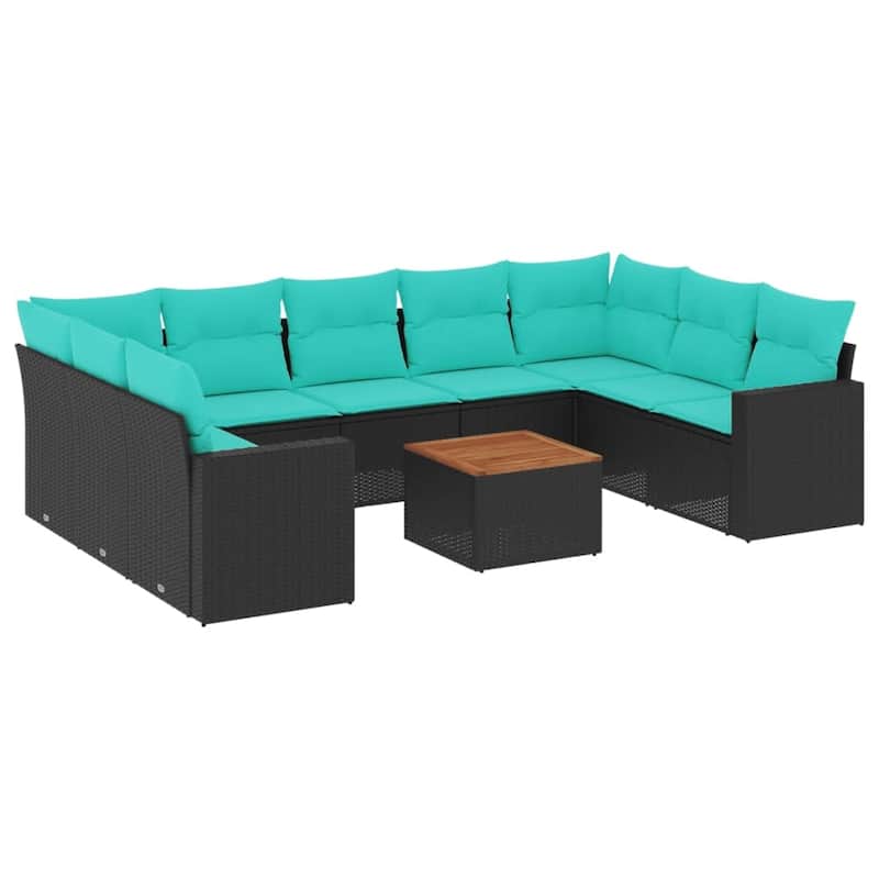 vidaXL 10 Piece Patio Sofa Set with Cushions Black Poly Rattan - 24.4" x 24.4" x 27.2"