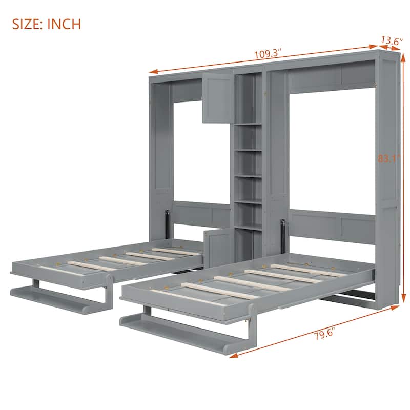 Dual Twin Wall Murphy Bed with Storage Cabinet and Display Shelves, Foldable Wooden Bed Frame for Apartments or Guest Rooms