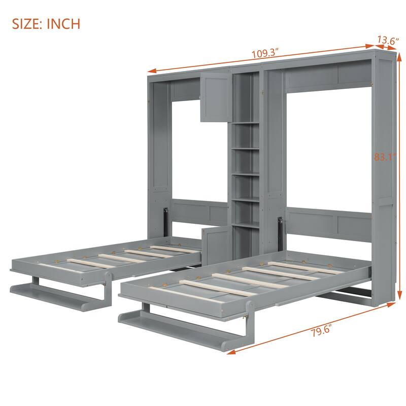 Dual Twin Wall Murphy Beds with Storage - Space-Saving Cabinet & Shelves, Fold Down Bed