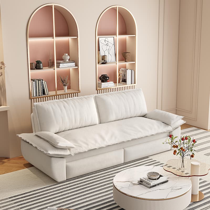 3-in-1 Convertible Velvet Sofa Bed, Pull-Out Queen Sleeper Bed, Chaise Lounge Sofa Daybed, Easy-to-Assemble - Beige