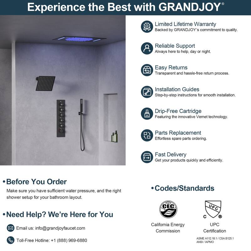 GRANDJOY LED Music Shower System 22" & 6" Dual Shower Heads with Handheld Spray