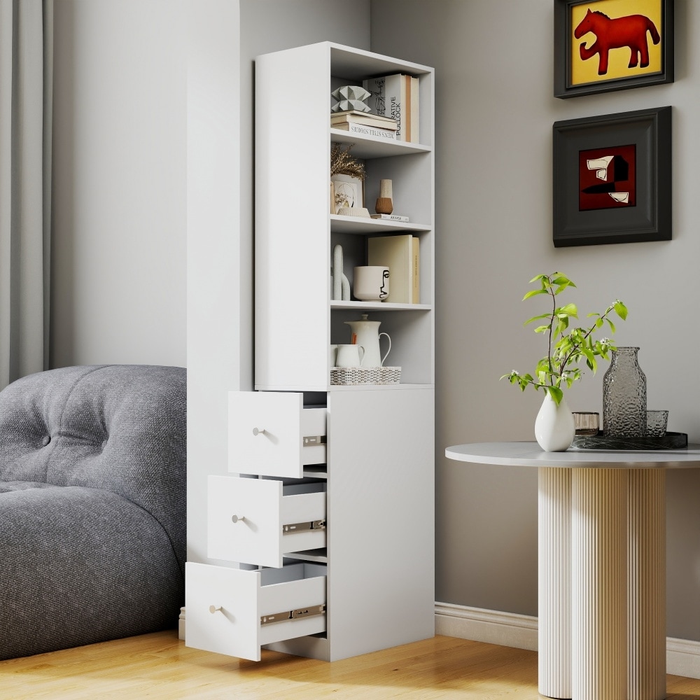 Wooden Display Storage Cabinet Bookshelf Bookcase with 4-Tier Shelf & 3 Drawers