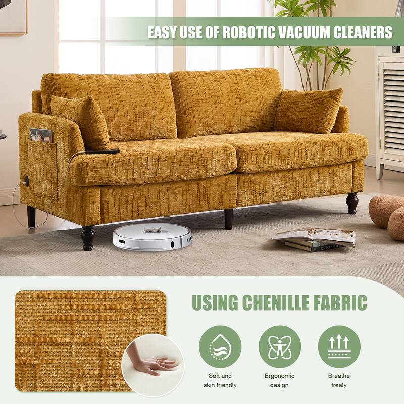 Modern Style Chenille 2-Seater Wood-Legged Sofa With Led Light,USB Charging Port And Storage Bag Living Room Bedroom Study Room