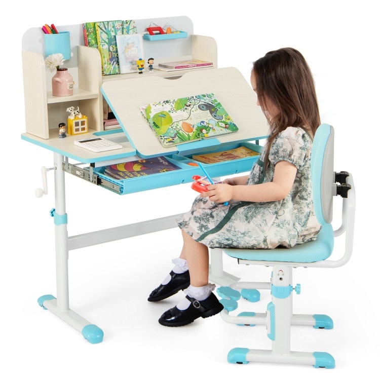 Kids Desk And Chair Set – Height Adjustable, With LED Lamp & Bookstand, Modern PVC/Iron, 12 Styles