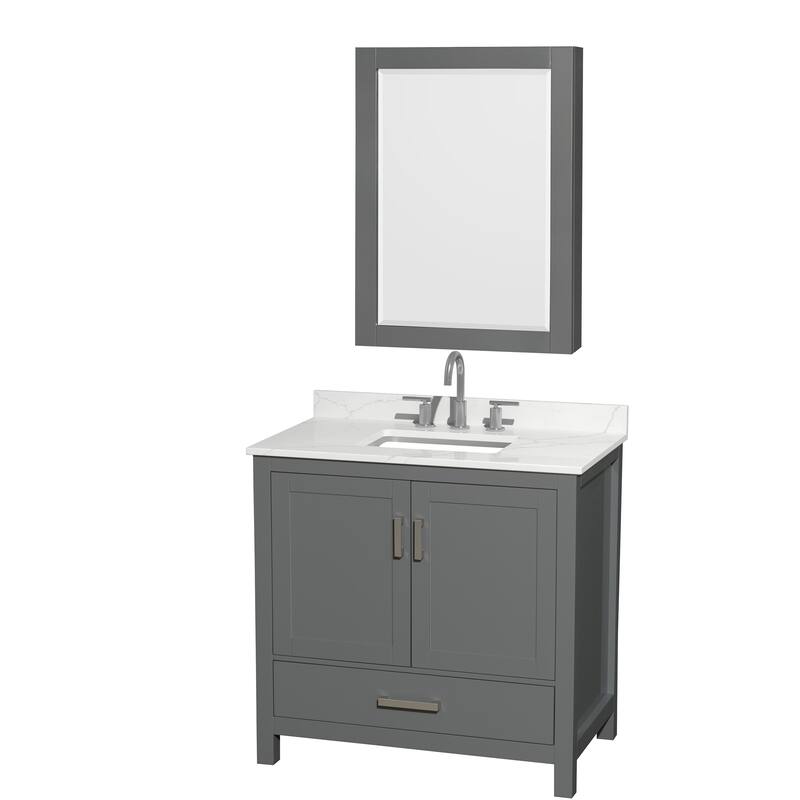 Sheffield 36-inch Single Vanity, 3 Hole Quartz Top, Med Cabinet - Dark Gray, Chrome Trim, Giotto Quartz Top