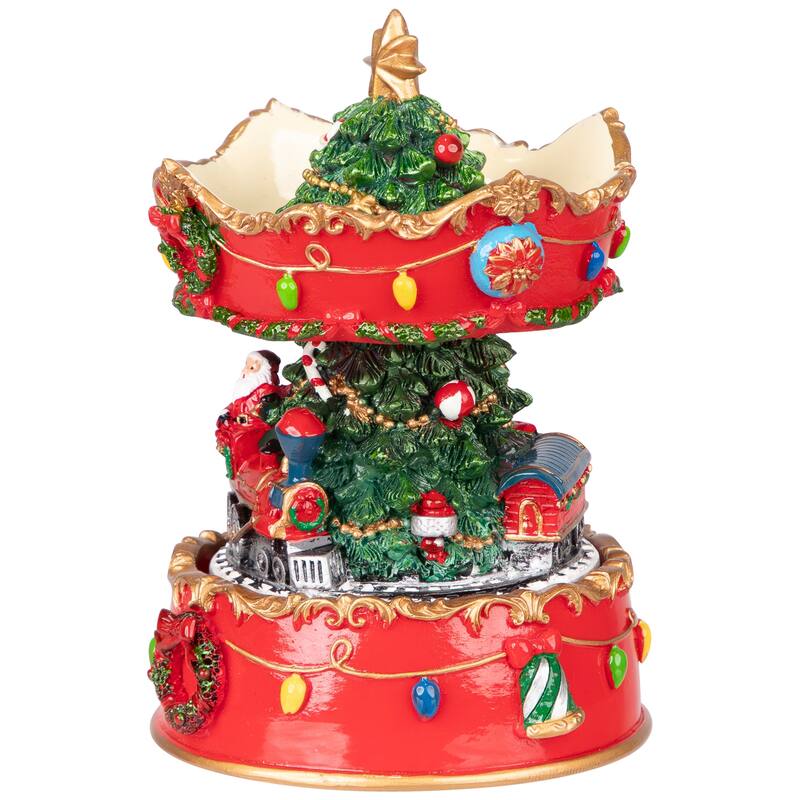 Santa on Train Musical Christmas Carousel - 6" - Red and Gold