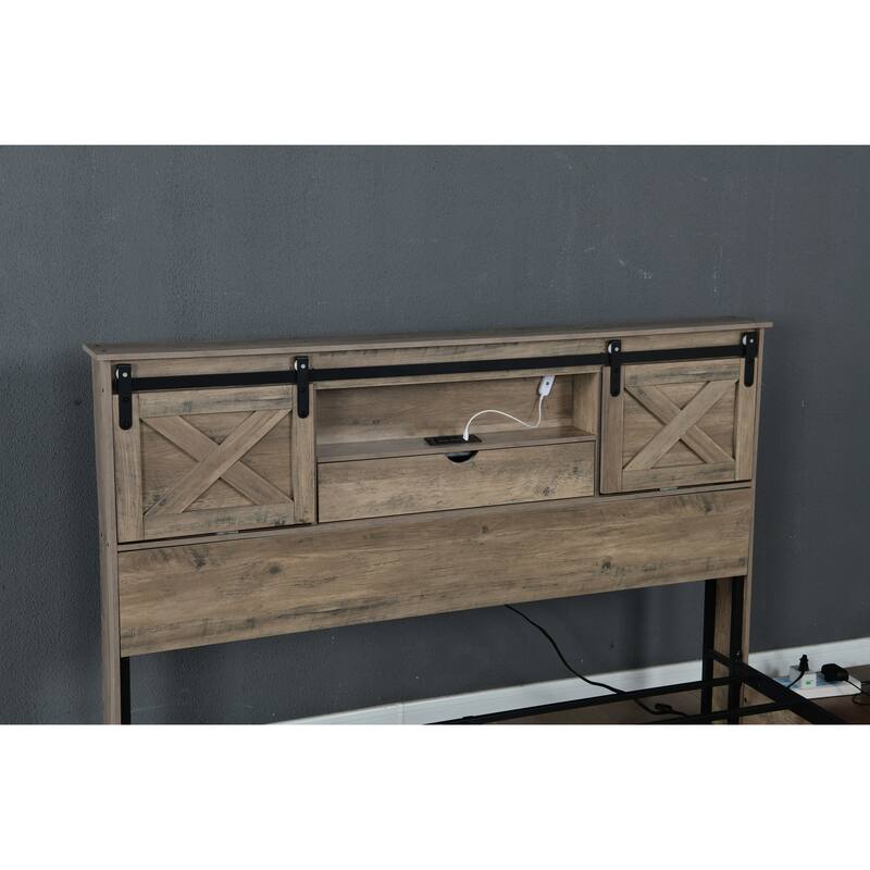 GDFStudio - Junie Rustic Wooden Bed Frame with LED Lights, Built-in Charging Station, 2 Underbed Drawers & No Box Spring Needed