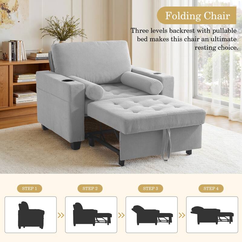 2 Set Convertible Adjustable Lounge 3-in-1 Pull-Out Sleeper Chair Bed