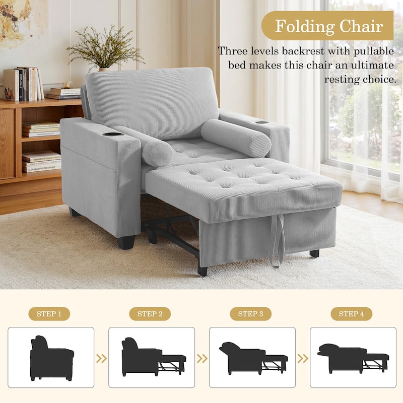 3-in-1 Corduroy Sleeper Sofa Pull-Out Bed Convertible Adjustable Loveseat with USB Port