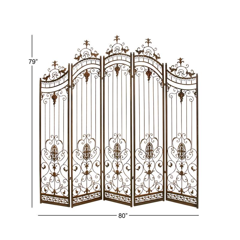 Metal Hinged Foldable Arched Partition 5 Panel Room Divider Screen with Relief Acanthus Design - Bronze - Roche River Decor