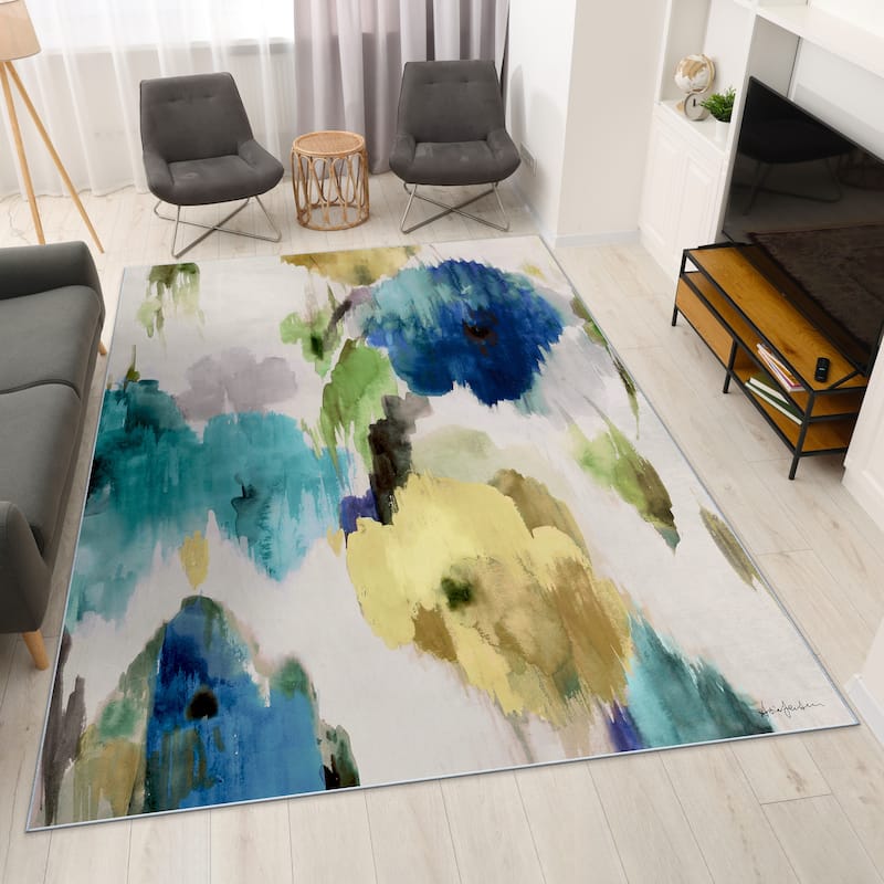 Abstract Flower I, Hand Washable Art Area Rug, power-loomed, 100% polyester, 2mm pile, non-slip back - 7.5' x 10.3'