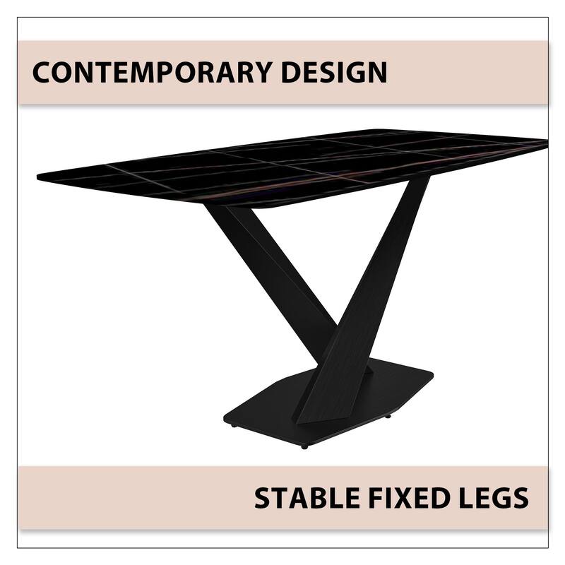 Voren Dining Table with Stone or Glass Tabletop in Black Steel Base